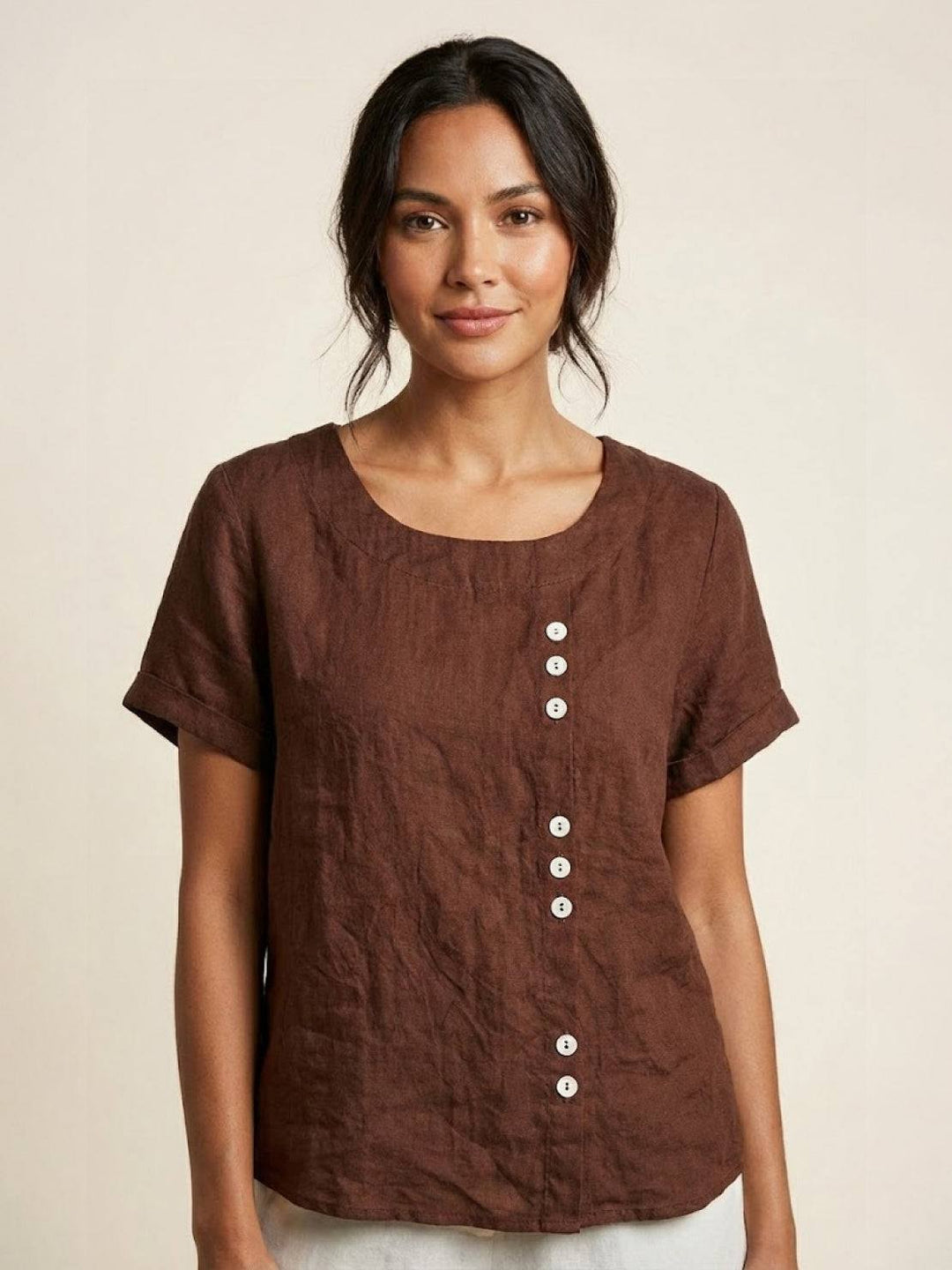 Grace | Linen Round Neck Button Blouse