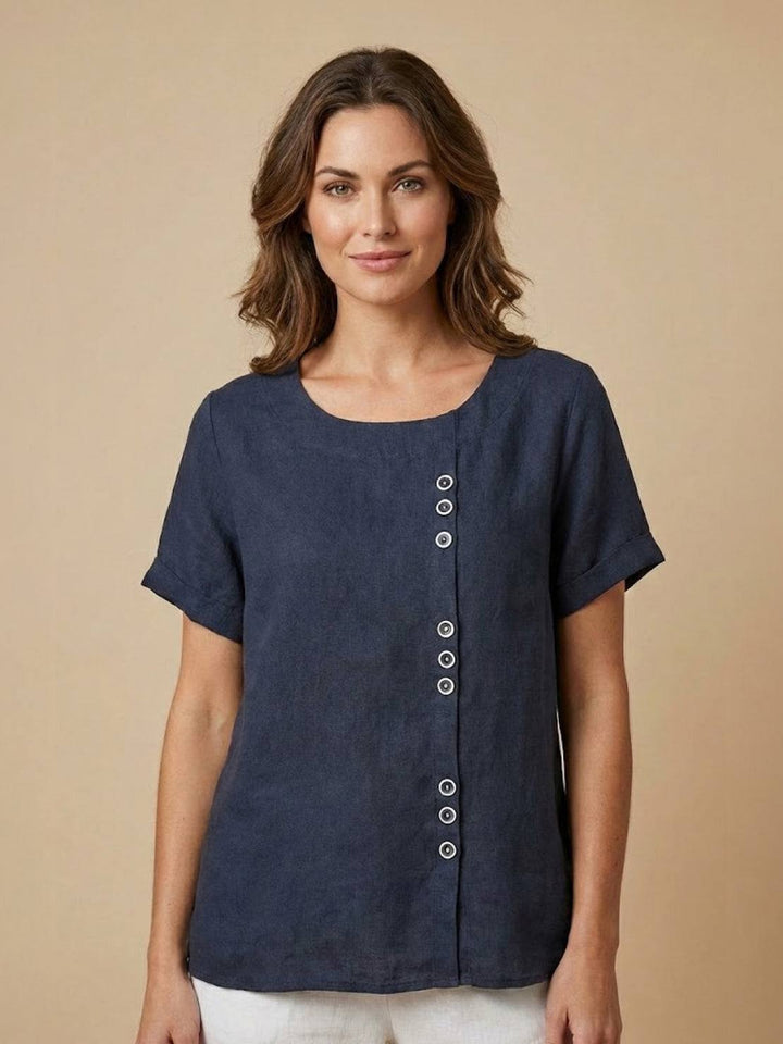 Grace | Linen Round Neck Button Blouse