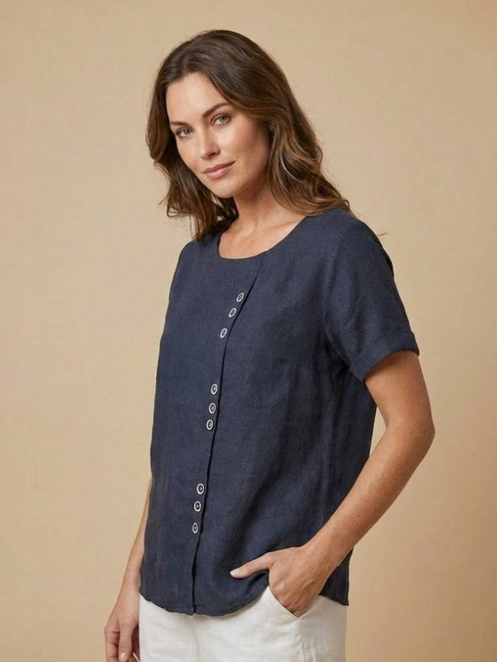 Grace | Linen Round Neck Button Blouse