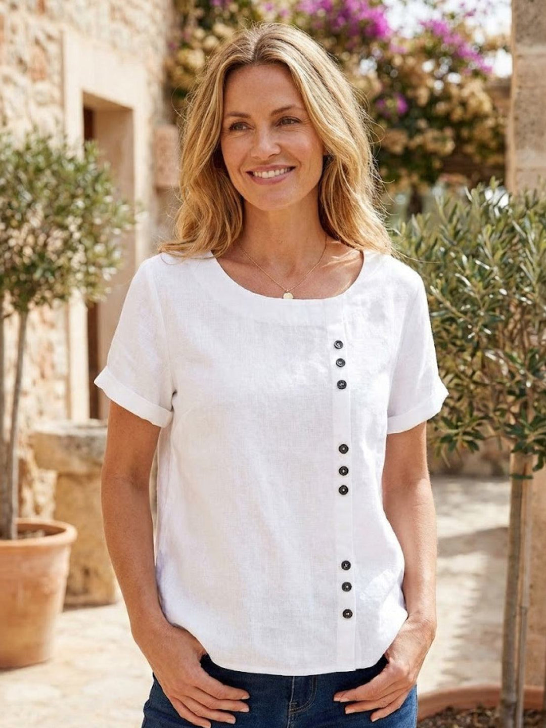Grace | Linen Round Neck Button Blouse