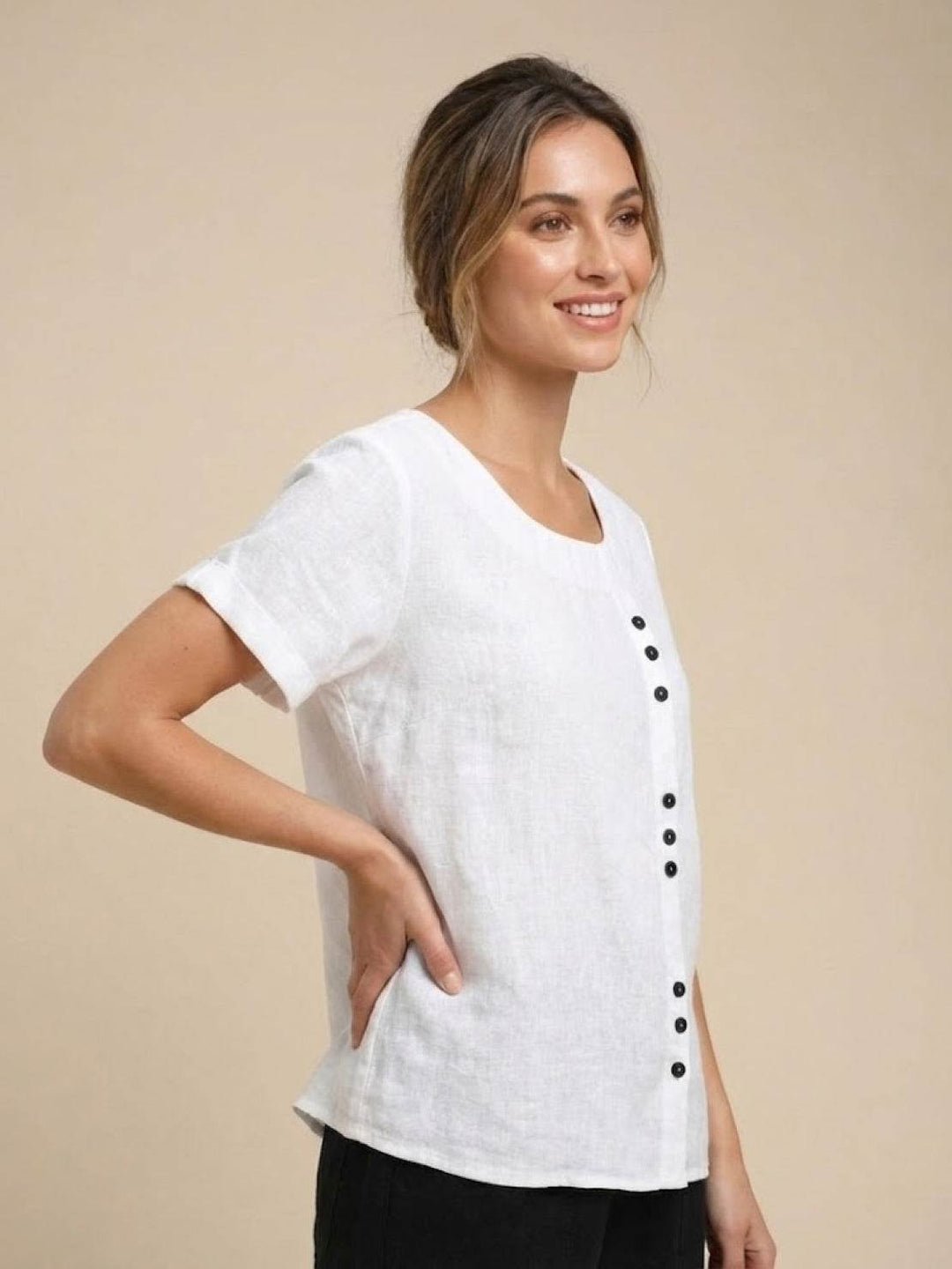 Grace | Linen Round Neck Button Blouse