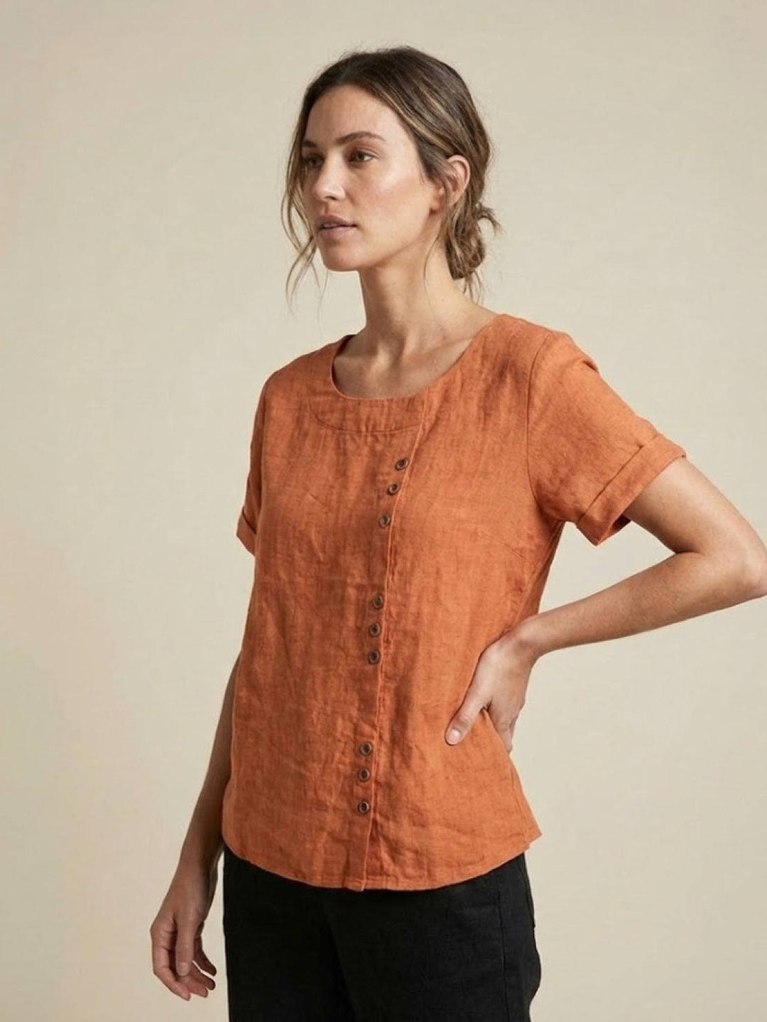 Grace | Linen Round Neck Button Blouse