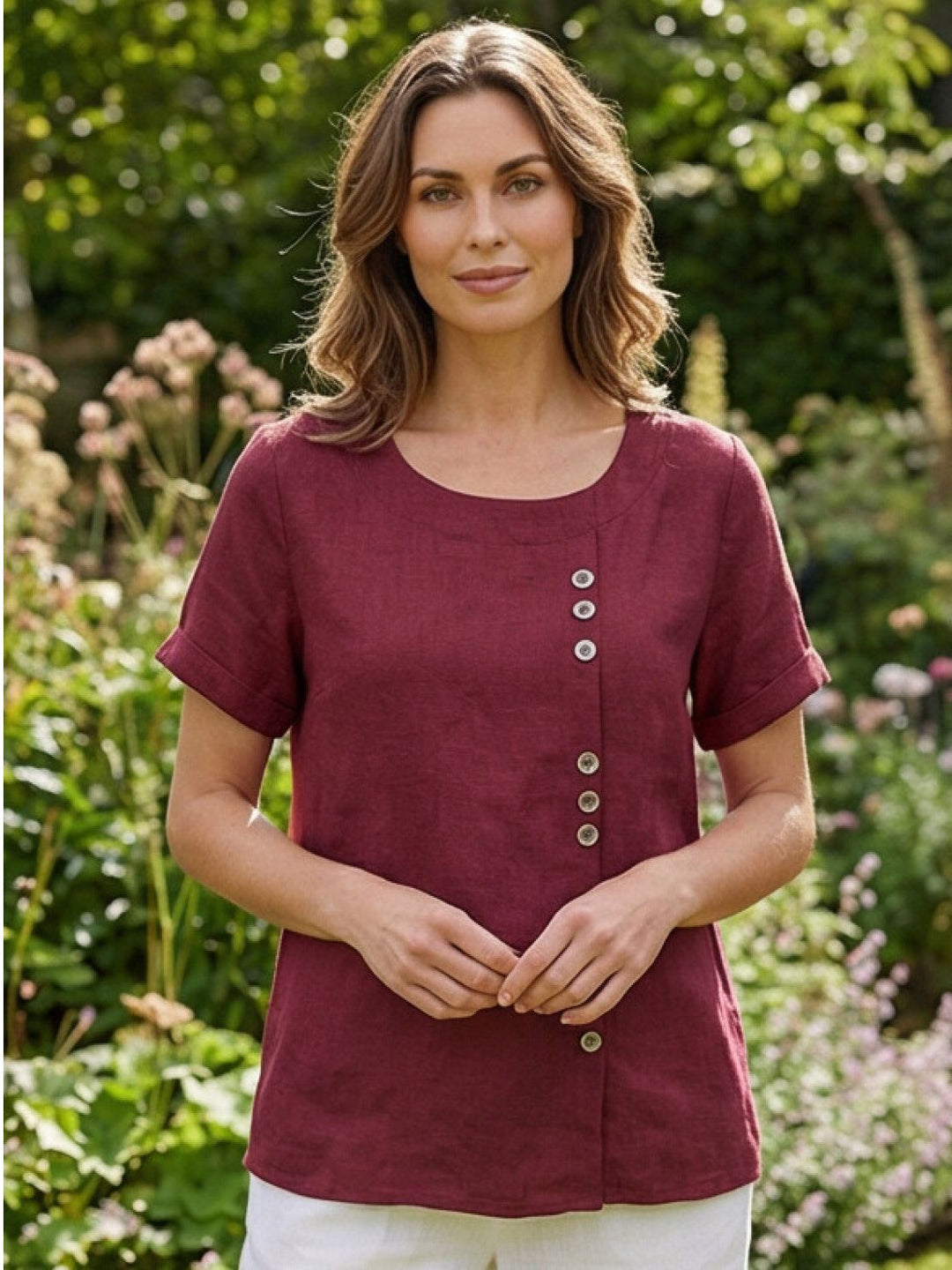 Grace | Linen Round Neck Button Blouse