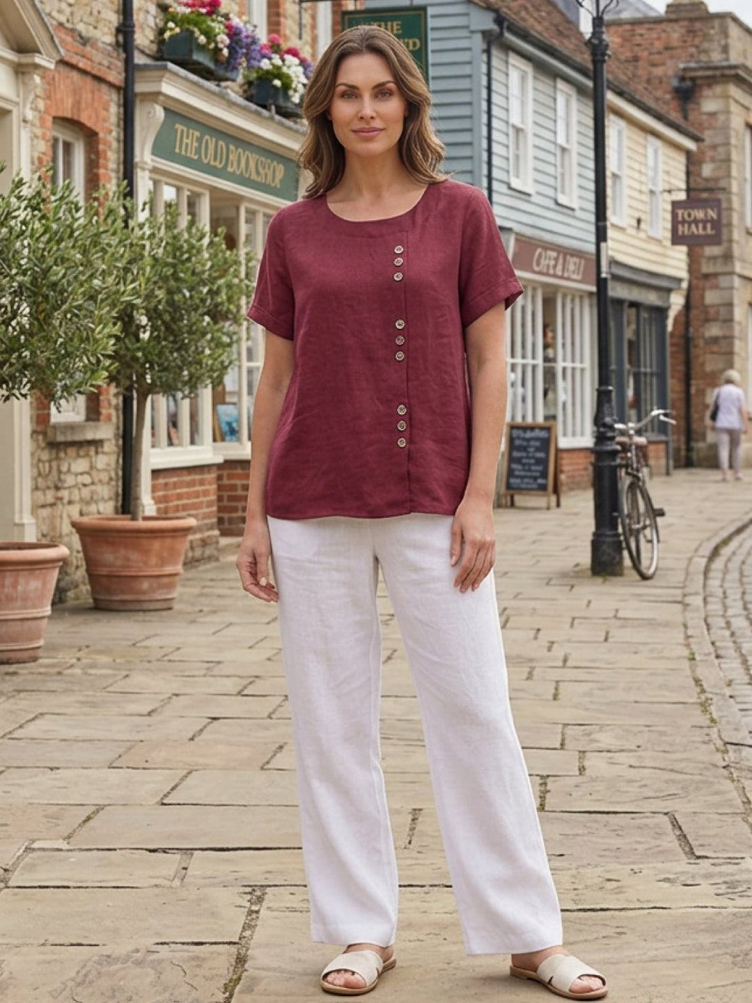 Grace | Linen Round Neck Button Blouse