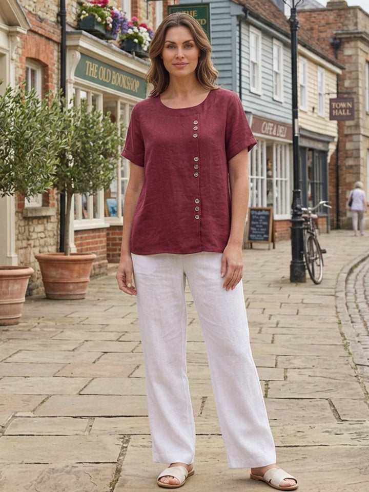 Grace | Linen Round Neck Button Blouse