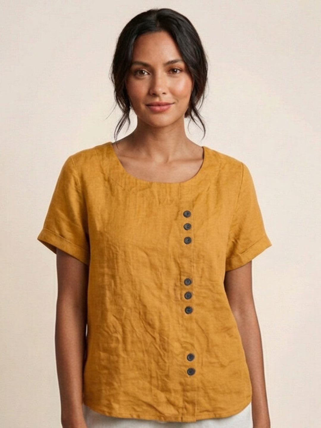 Grace | Linen Round Neck Button Blouse