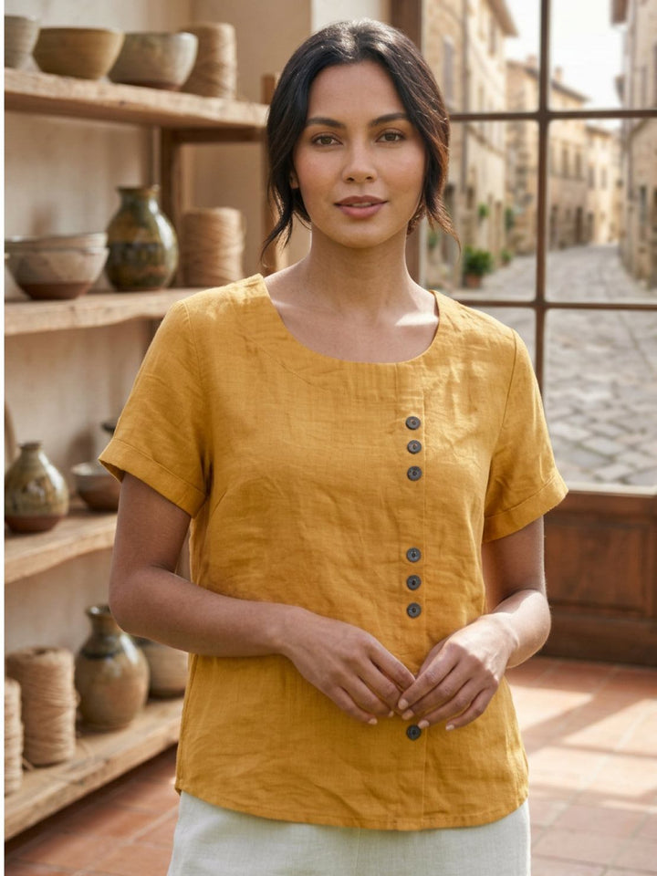 Grace | Linen Round Neck Button Blouse