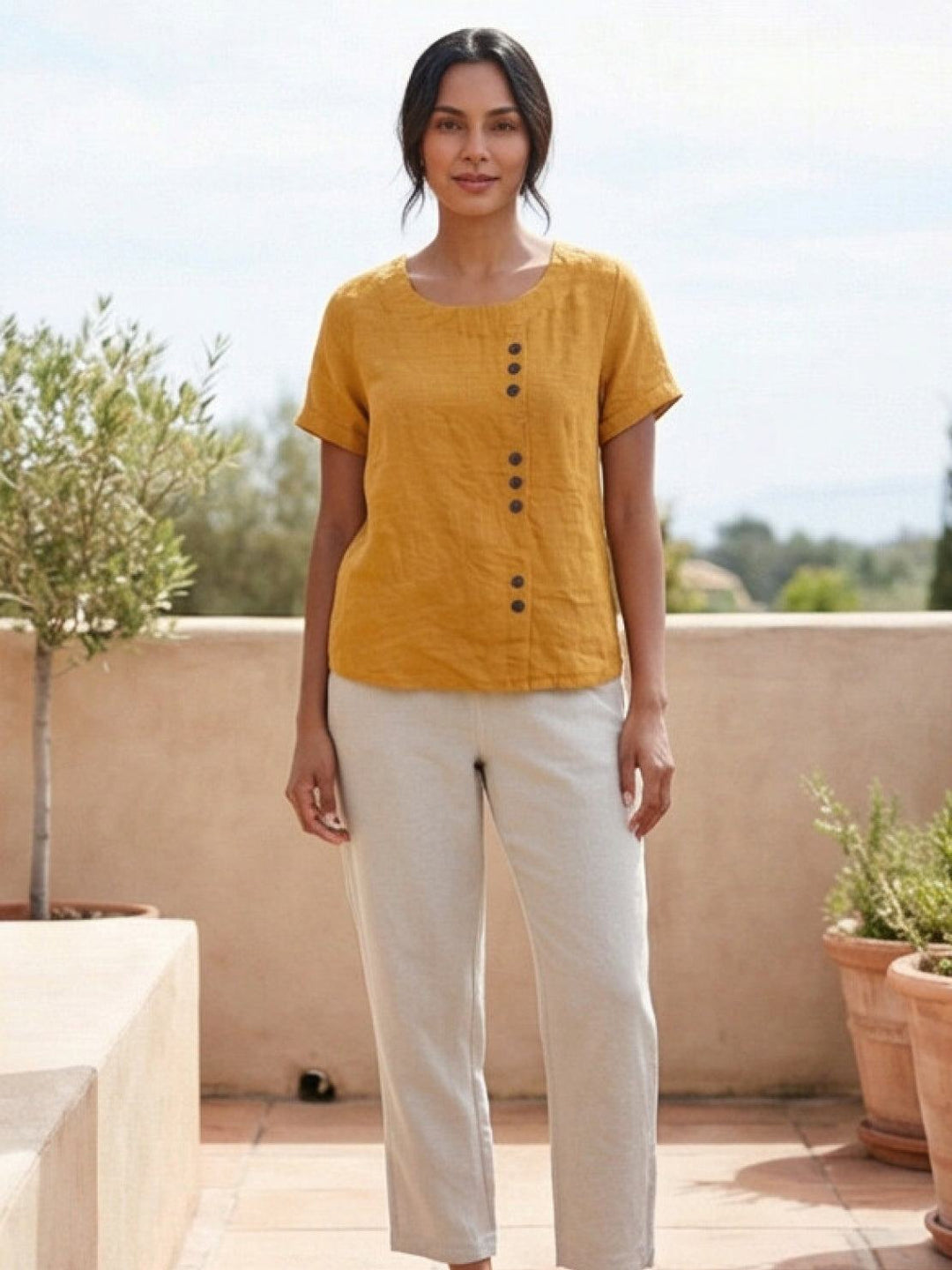 Grace | Linen Round Neck Button Blouse