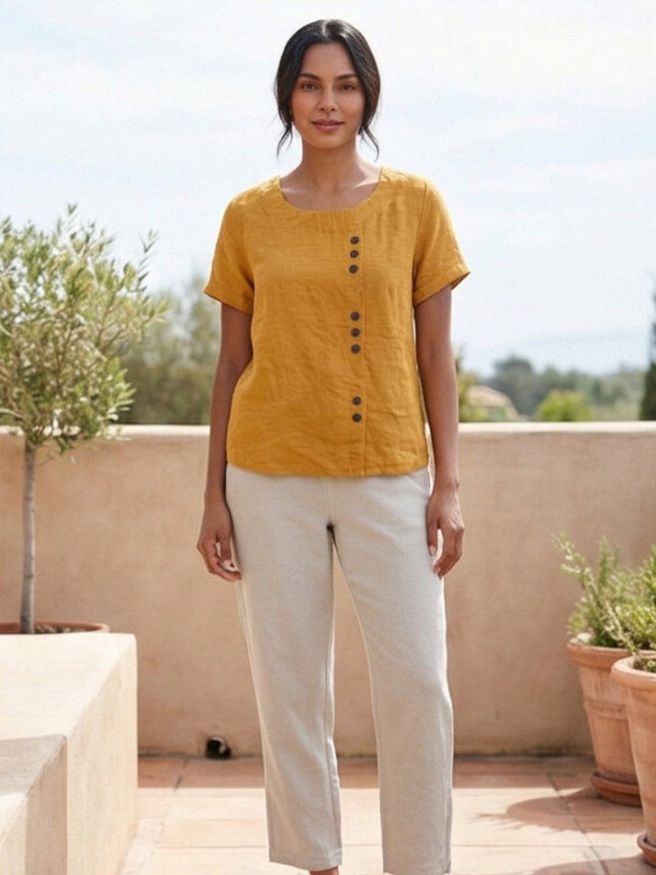 Grace | Linen Round Neck Button Blouse