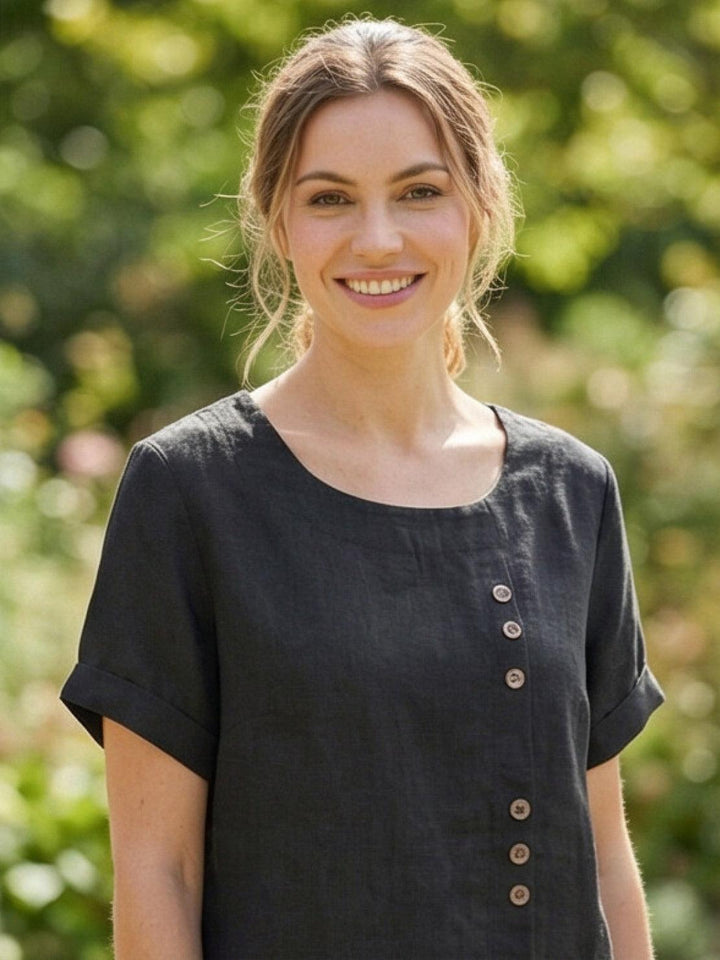 Grace | Linen Round Neck Button Blouse
