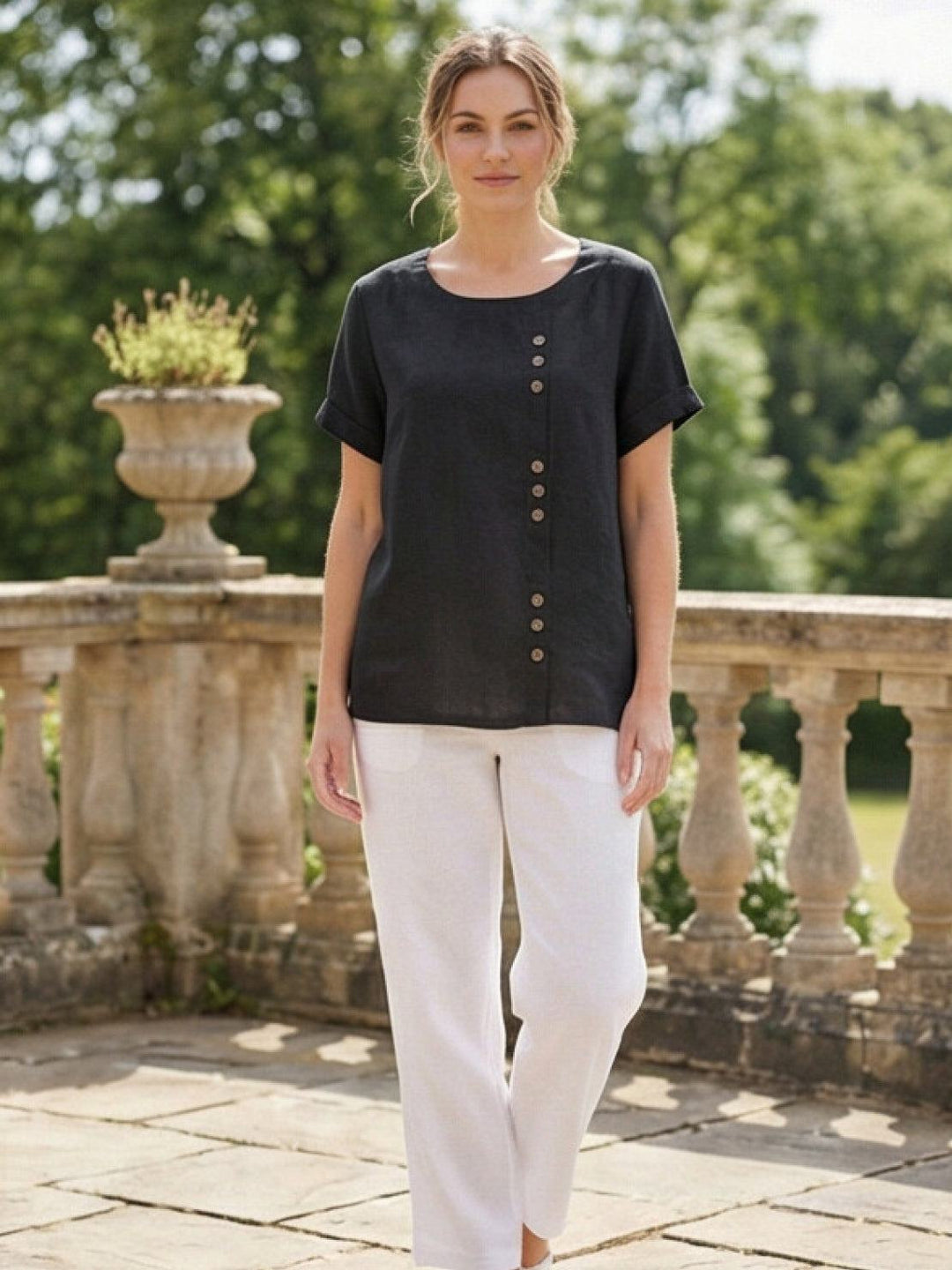 Grace | Linen Round Neck Button Blouse