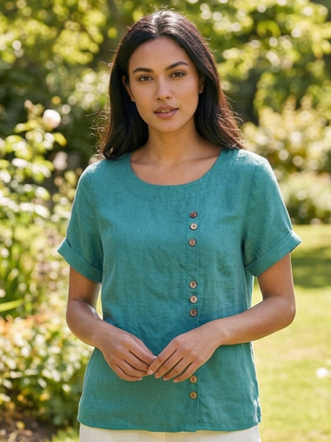 Grace | Linen Round Neck Button Blouse