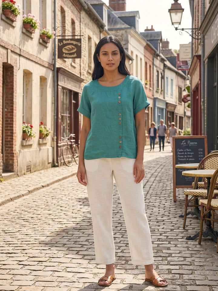 Grace | Linen Round Neck Button Blouse