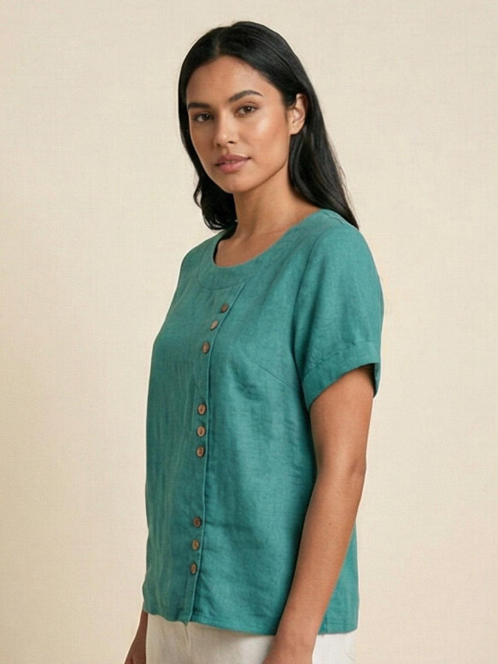 Grace | Linen Round Neck Button Blouse