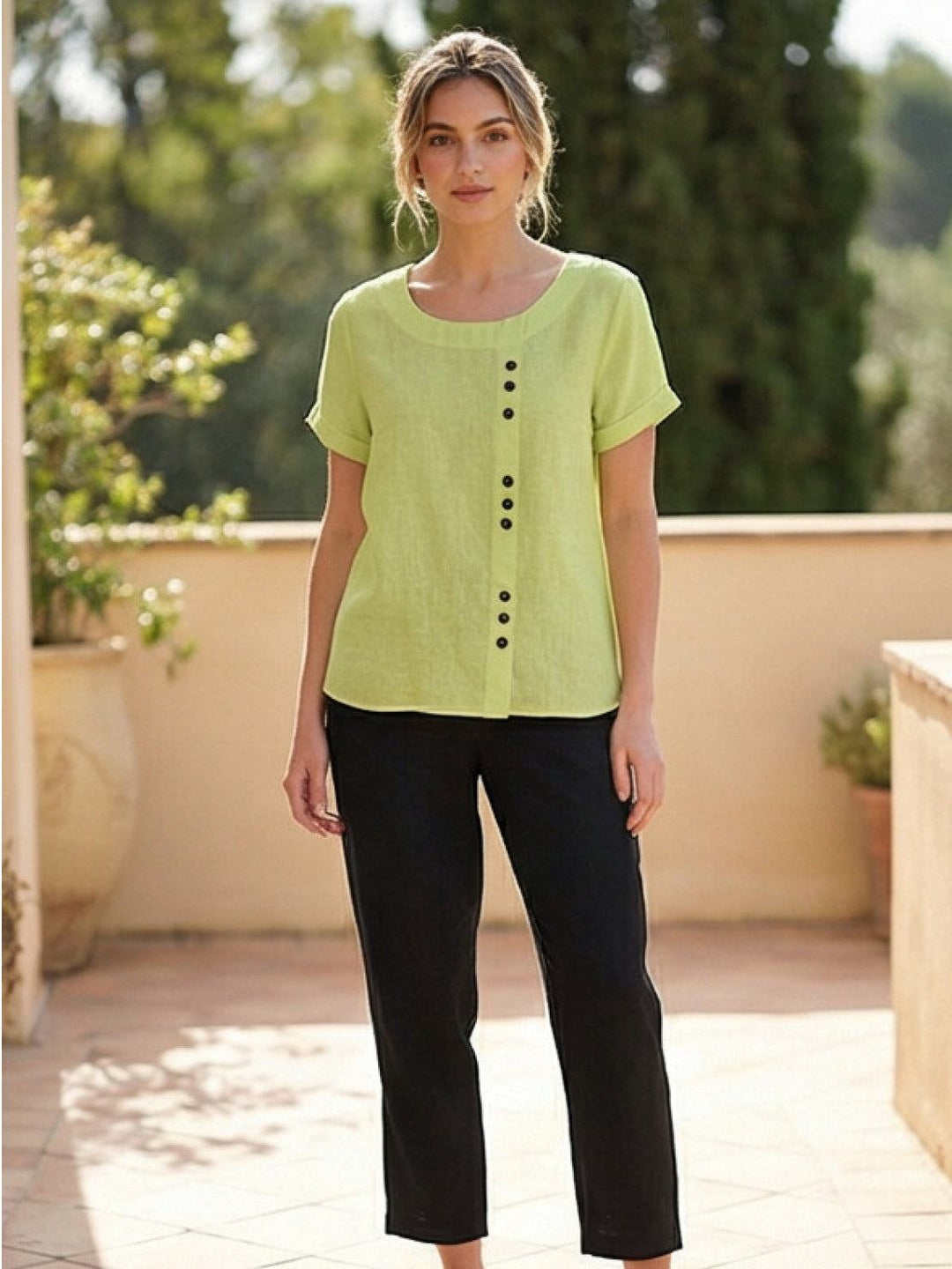 Grace | Linen Round Neck Button Blouse