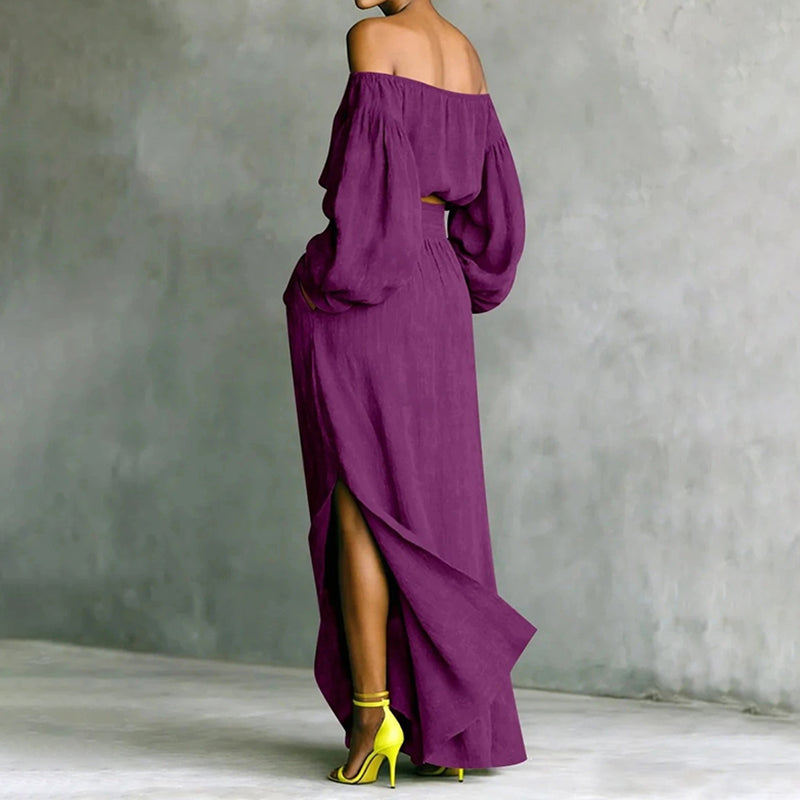 Solid-color Off-shoulder Top And Asymmetrical Skirt Two-piece Set
