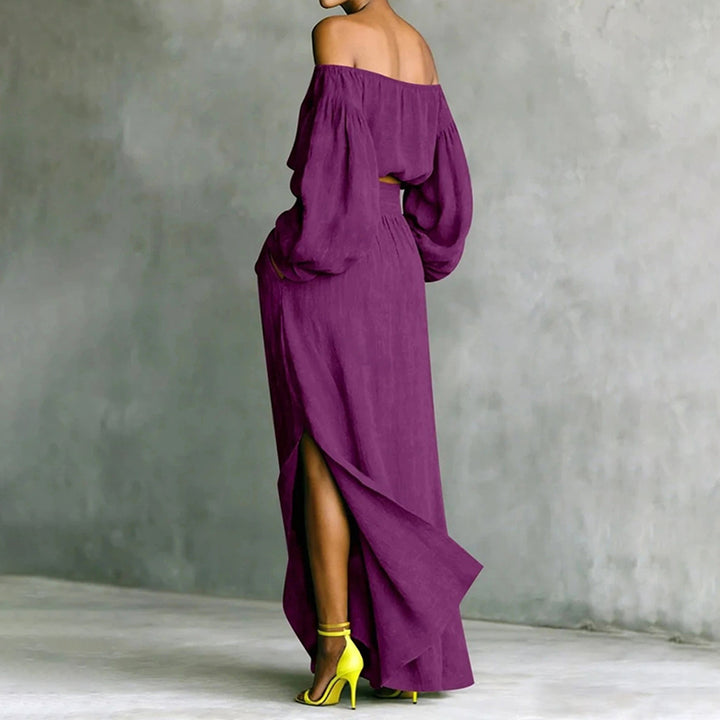 Solid-color Off-shoulder Top And Asymmetrical Skirt Two-piece Set