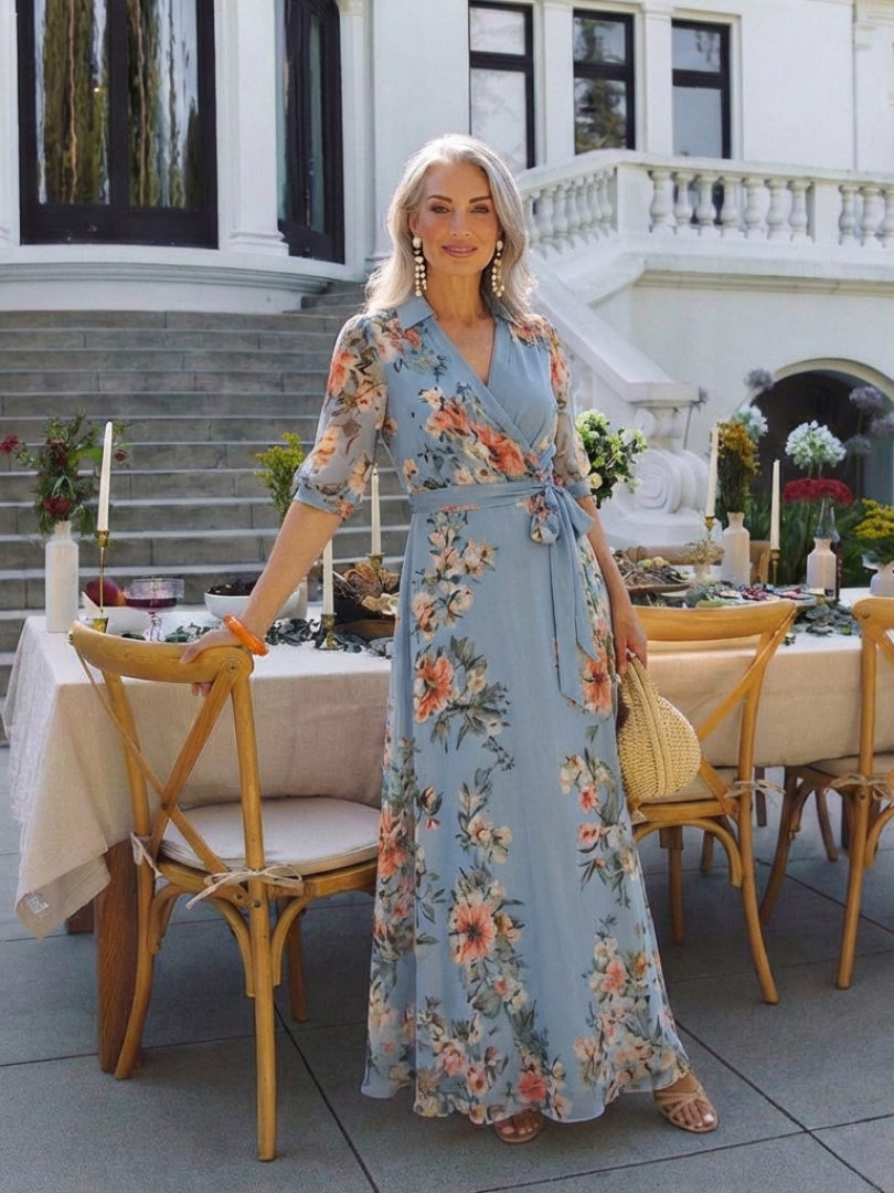 Elowen Floral Wrap V Neck Maxi Dress for Women - View 7