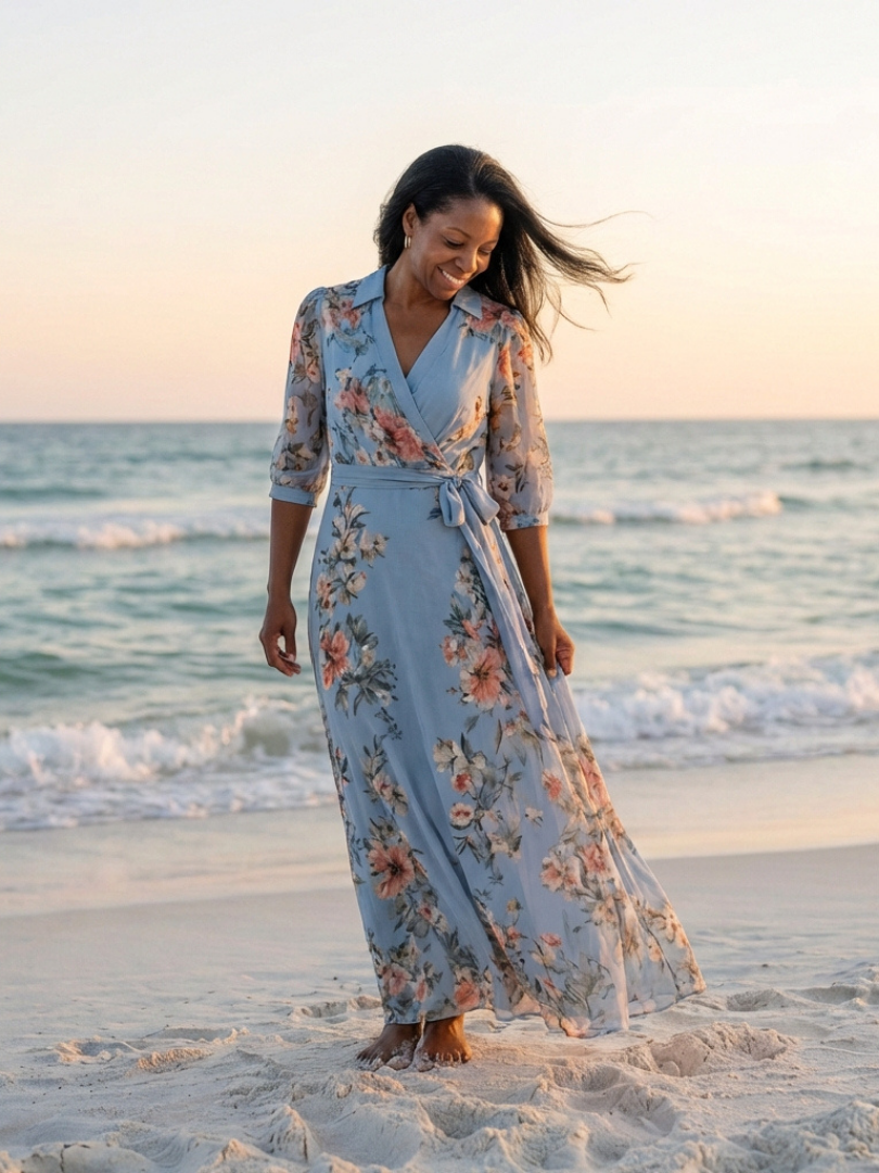 Elowen Floral Wrap V Neck Maxi Dress for Women - View 6