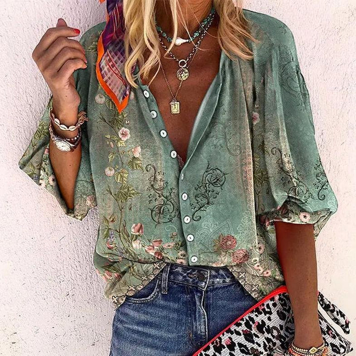 Willow | Women's Boho Floral Print V-Neck Long Sleeve Button-Down Blouse