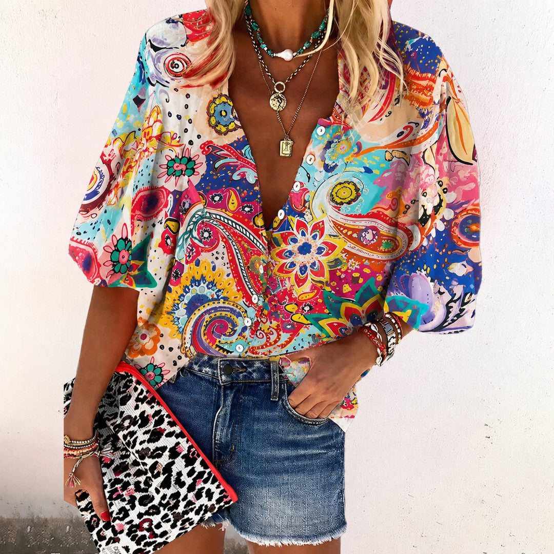 Willow | Women's Boho Floral Print V-Neck Long Sleeve Button-Down Blouse