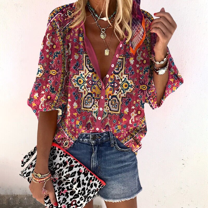 Willow | Women's Boho Floral Print V-Neck Long Sleeve Button-Down Blouse