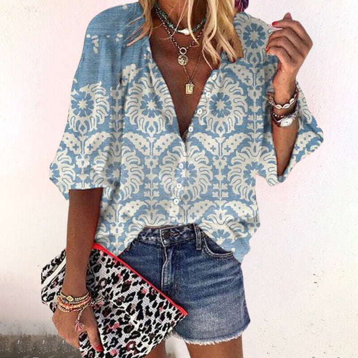 Willow | Women's Boho Floral Print V-Neck Long Sleeve Button-Down Blouse