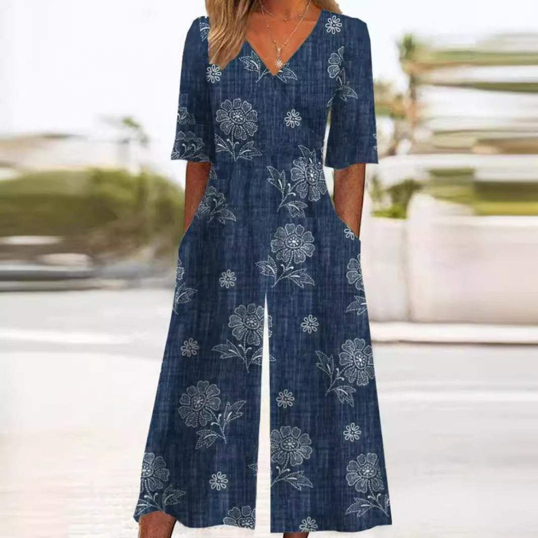 Scarlett | Women's Boho Floral V-Neck Half-Sleeve Jumpsuit