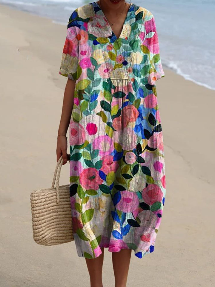 Florence | Women's Boho V-Neck Relaxed-Fit Striped Midi Dress