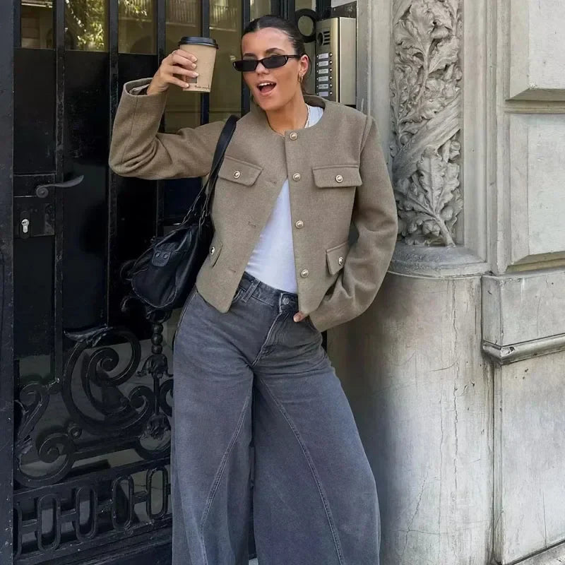 Chloe | Cropped Button Front Bomber Jacket