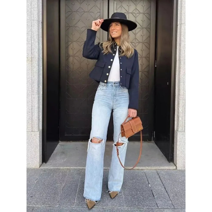 Claire | Cropped Button Front Bomber Jacket
