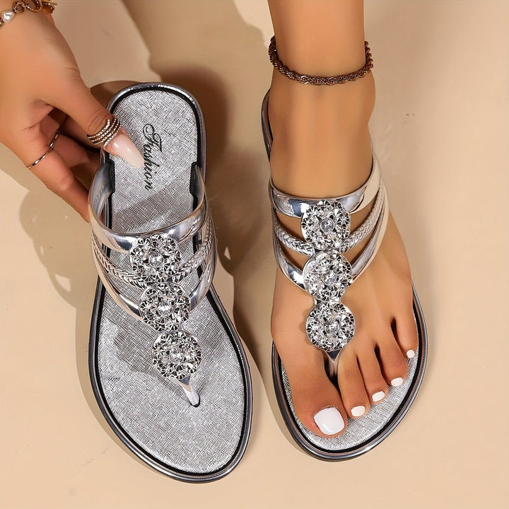 Florence | Women's Flat Sandals T-Strap Rhinestone Embellished Slip-On - Women's T-Strap Sandals | Nancy Callen Fashion
