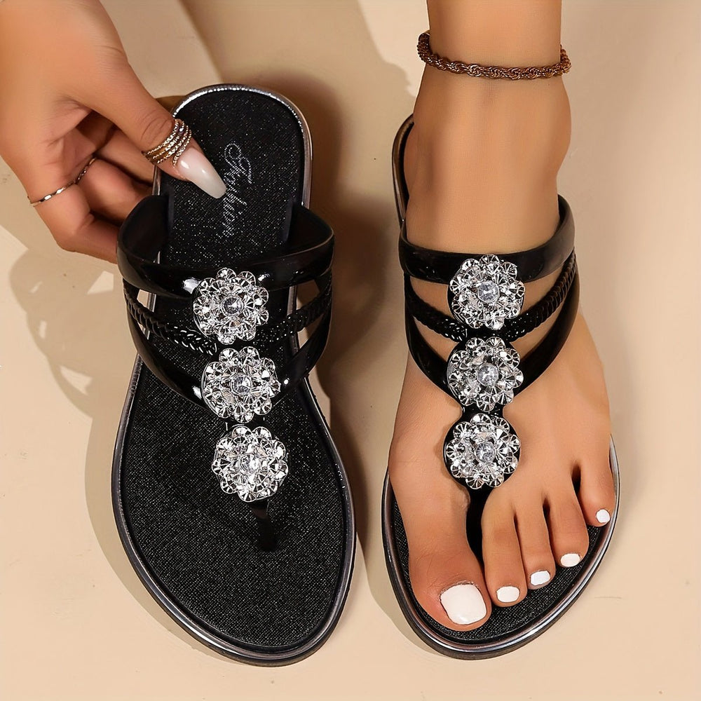 Florence | Women's Flat Sandals T-Strap Rhinestone Embellished Slip-On - Women's T-Strap Sandals | Nancy Callen Fashion