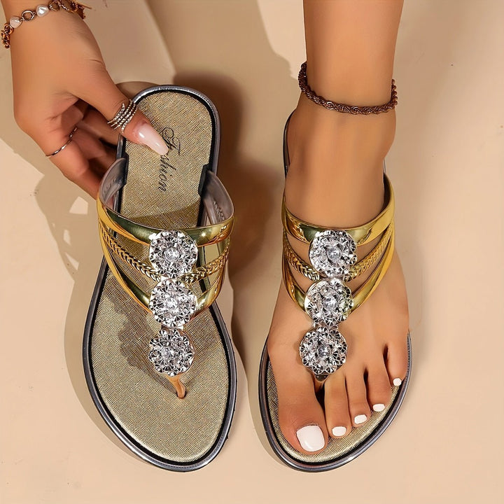 Florence | Women's Flat Sandals T-Strap Rhinestone Embellished Slip-On - Women's T-Strap Sandals | Nancy Callen Fashion