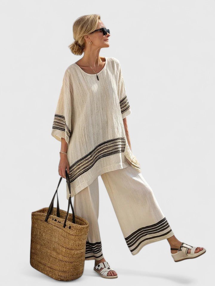 Ella | Women's Linen-Mix Geometric Pattern Relaxed-Fit Co-Ord Set