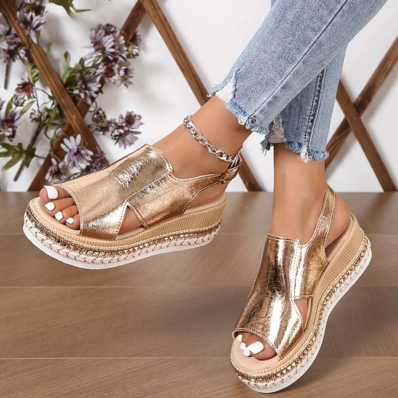 Phoebe | Women's Platform Sandals Metallic Wedge Slip-On Open Toe - Women's Wedge Sandals | Nancy Callen Fashion
