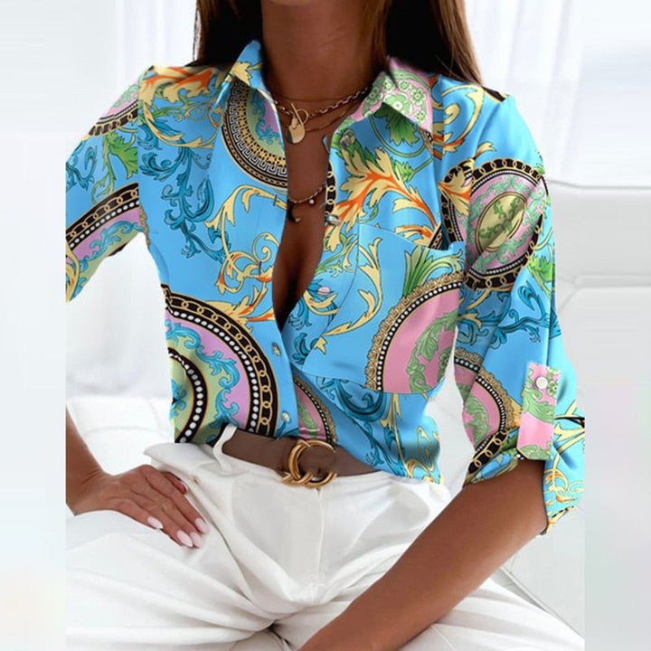 Willow | Women's Satin Geometric Print Button-Down Blouse