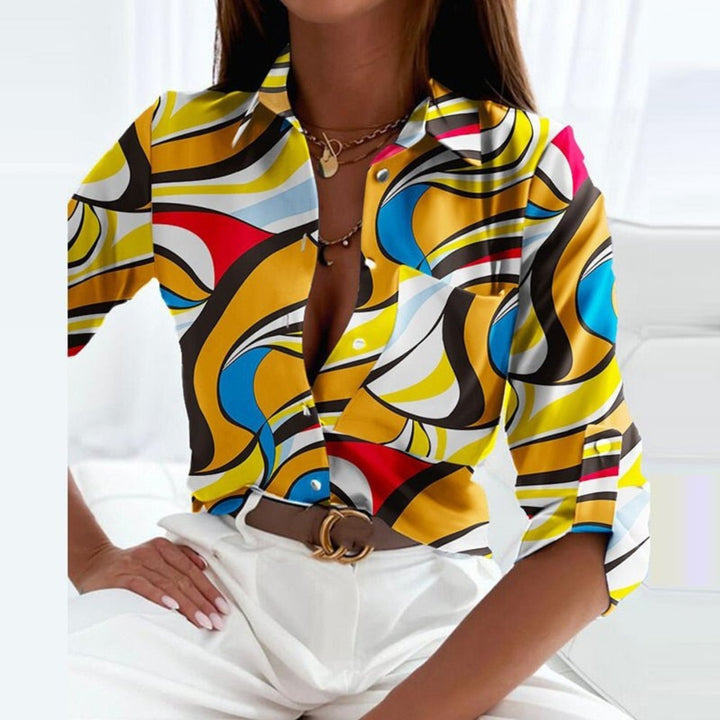 Willow | Women's Satin Geometric Print Button-Down Blouse