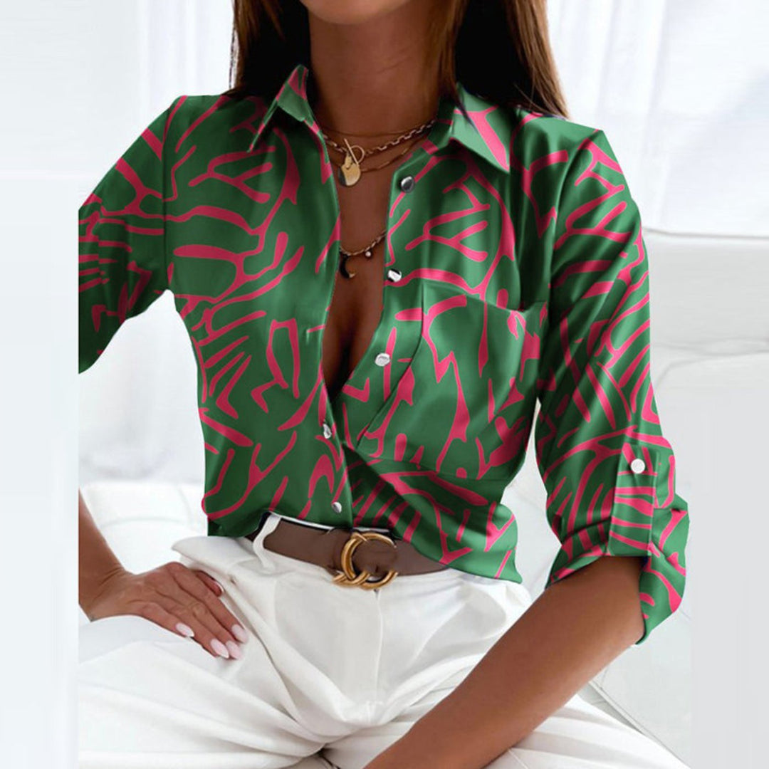 Willow | Women's Satin Geometric Print Button-Down Blouse