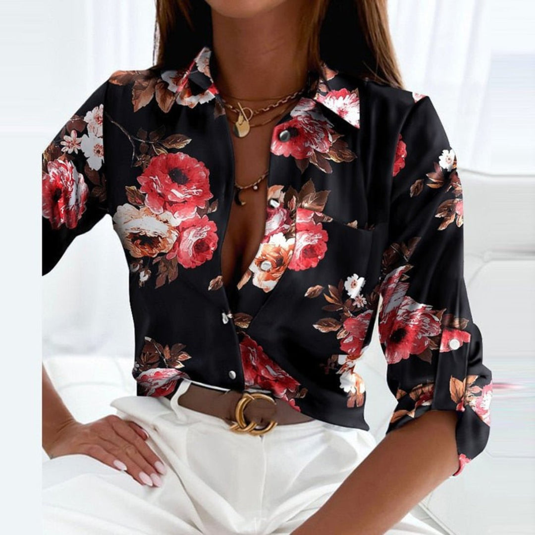 Willow | Women's Satin Geometric Print Button-Down Blouse