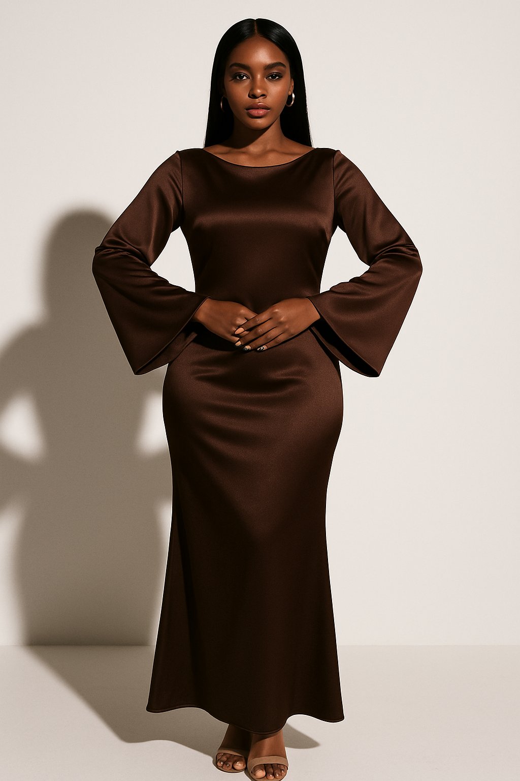 Phoebe | Women's Satin Long-Sleeve Scoop-Neck Fishtail Maxi Dress