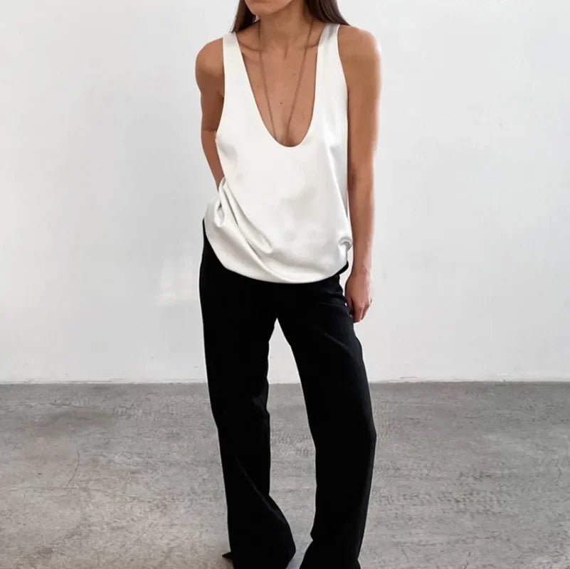 Isla | Women's Satin Plunging U-Neck Relaxed-Fit Tank Top