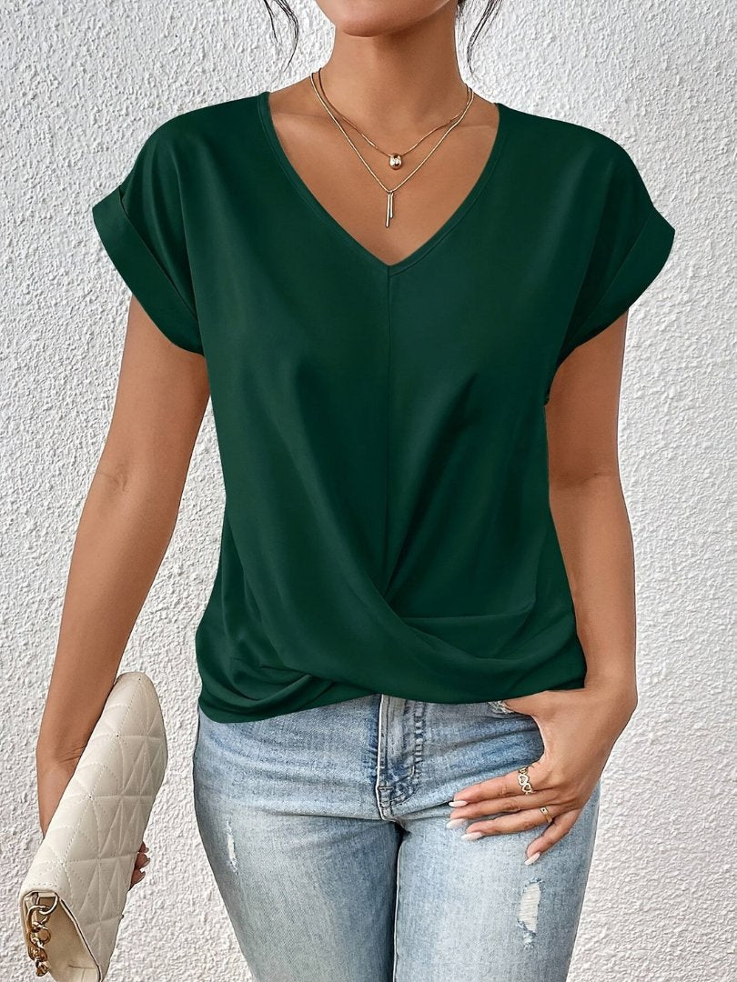 Phoebe | Women's Satin Twist-Front V-Neck Short-Sleeve Top