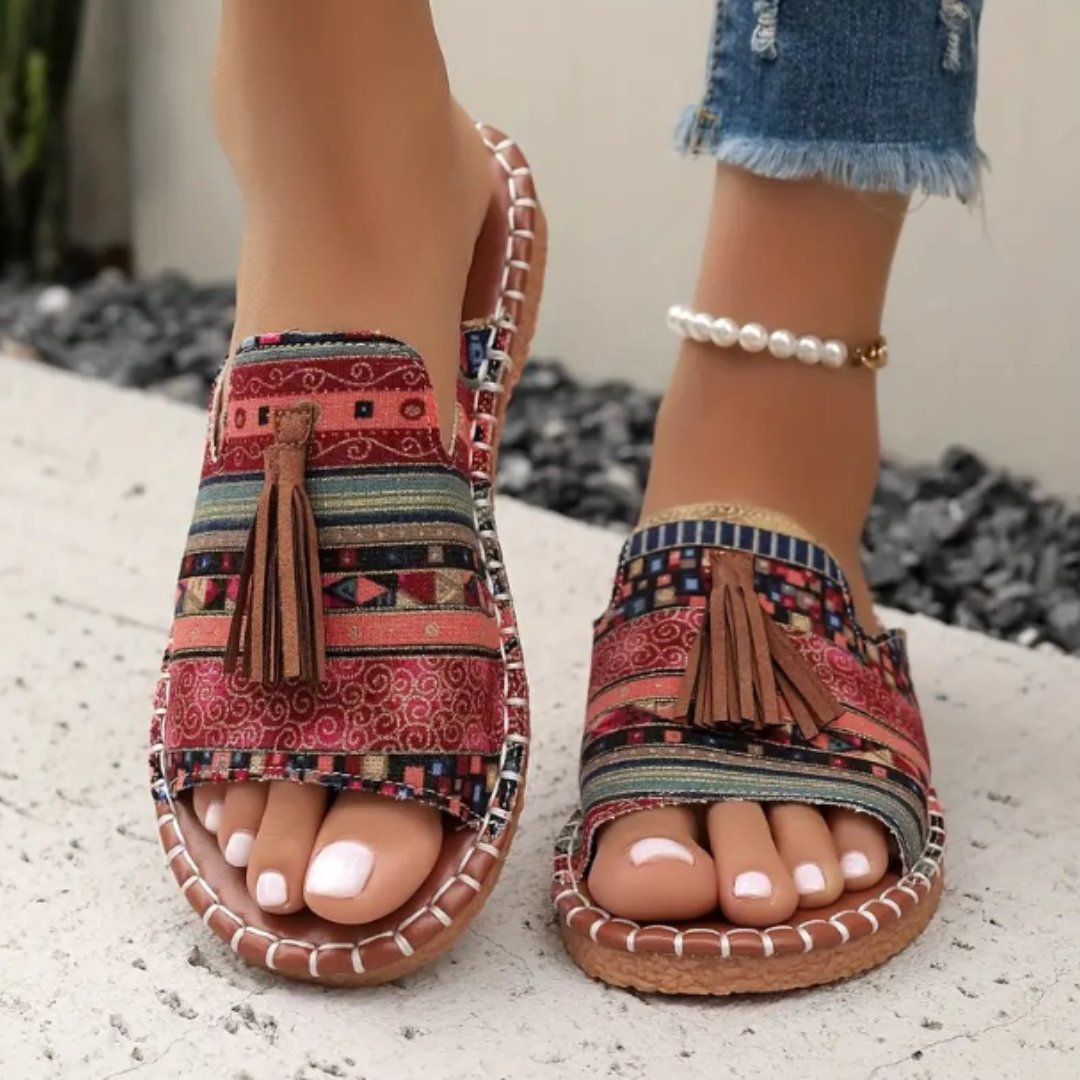 Willow | Women's Slip-On Sandals Open Toe Tassel Embroidered Flat - Women's Embroidered | Nancy Callen Fashion