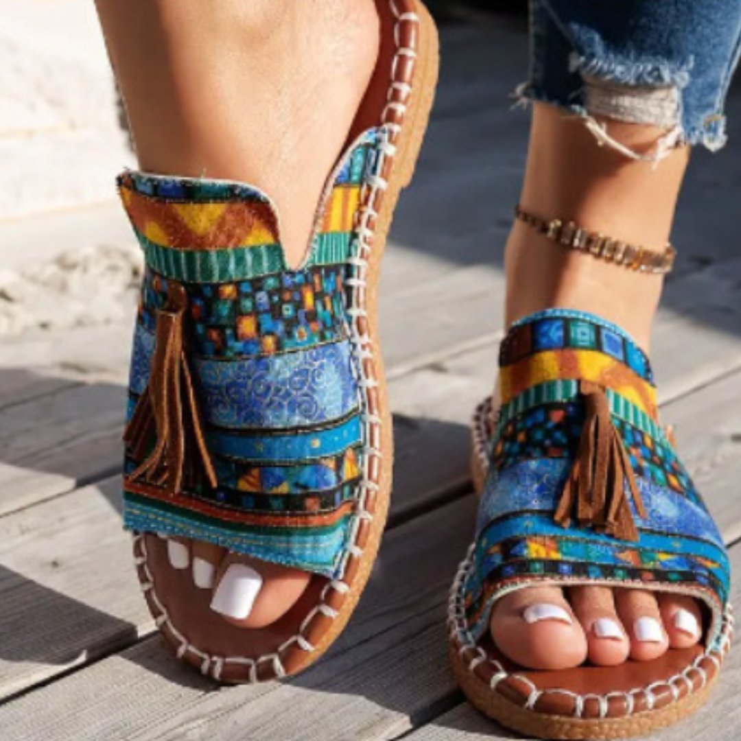 Willow | Women's Slip-On Sandals Open Toe Tassel Embroidered Flat - Women's Embroidered | Nancy Callen Fashion