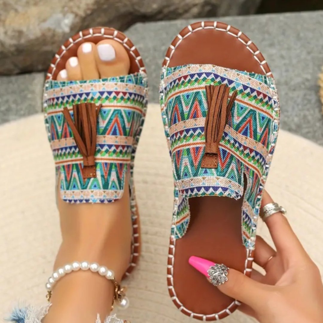 Willow | Women's Slip-On Sandals Open Toe Tassel Embroidered Flat - Women's Embroidered | Nancy Callen Fashion