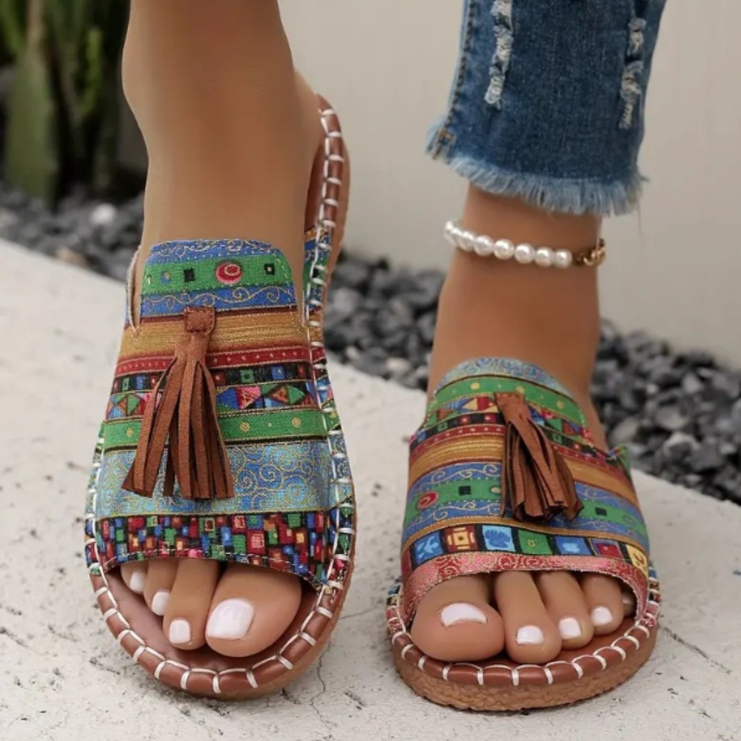 Willow | Women's Slip-On Sandals Open Toe Tassel Embroidered Flat - Women's Embroidered | Nancy Callen Fashion