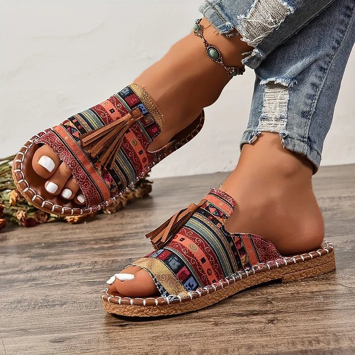 Willow | Women's Slip-On Sandals Open Toe Tassel Embroidered Flat - Women's Embroidered | Nancy Callen Fashion