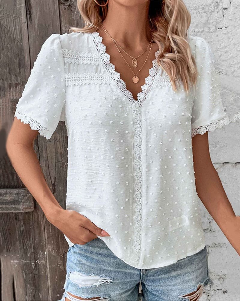 Freya | Women's Swiss Dot Boho V-Neck Lace-Trim Blouse