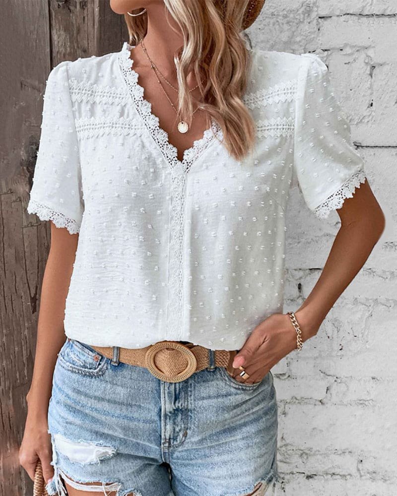 Freya | Women's Swiss Dot Boho V-Neck Lace-Trim Blouse